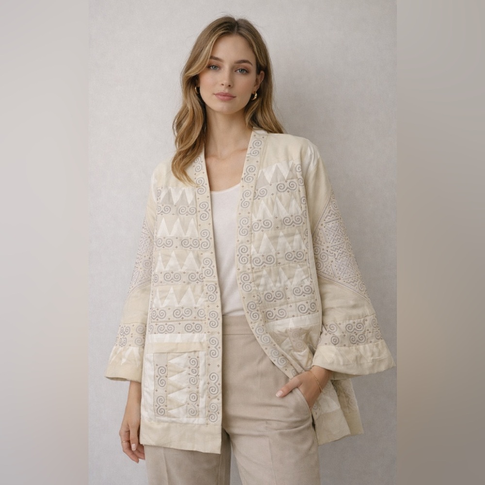 Embroidered Cream Open-Front Women's Jacket
